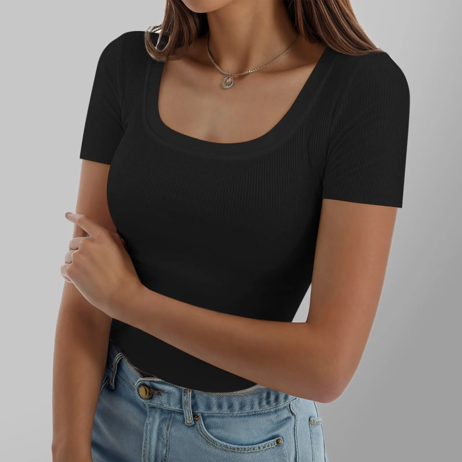 Camiseta de malha com nervuras para mulheres, tops slim fit, camisas monocromáticas, manga curta, colarinho quadrado, camisetas femininas, roupas de treino, verão