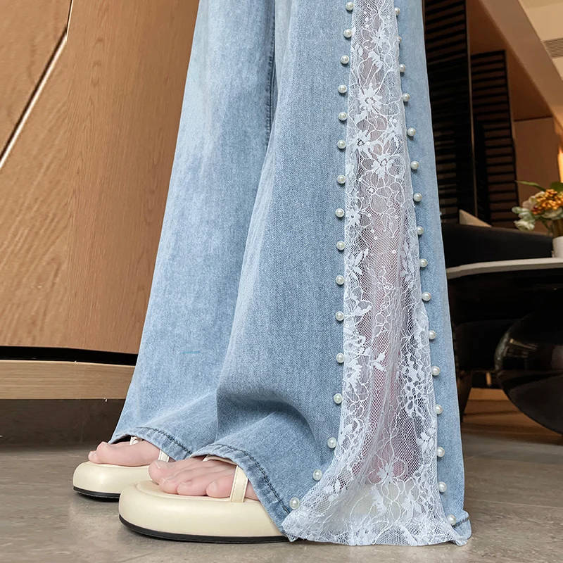 

High Waist Women Jeans New Summer Thin Fashion Loose Hollow Out Wide Leg Pearl Lace Rayon Denim Pants