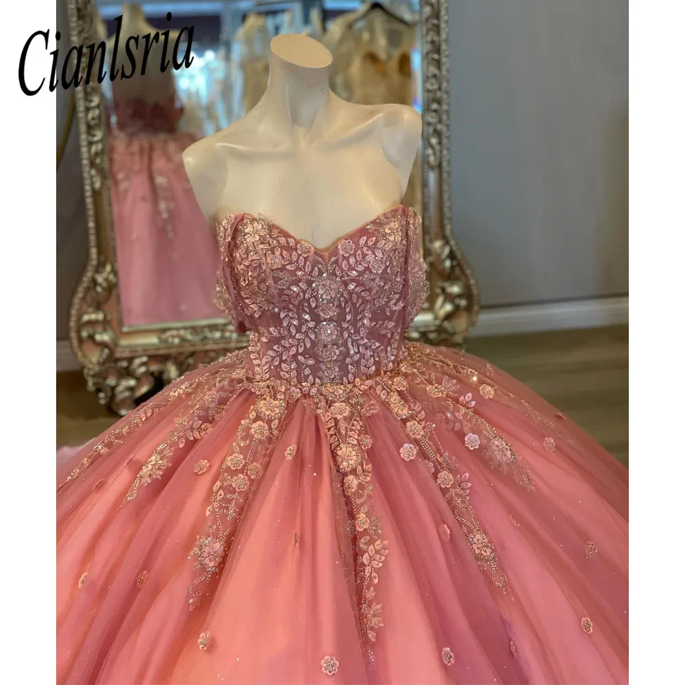 Sparkly Blush Quinceanera Dress 2023 Ball Gown Appliques Beading Sequins Puffy Skirt Sweet 15 16 Dress Vestido