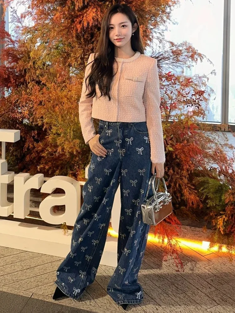 جينز Faionable Vintage Street Sle فضفاض غير رسمي عالي الخصر وواسع الساق مع طباعة عقدة للنساء خريف جديد...