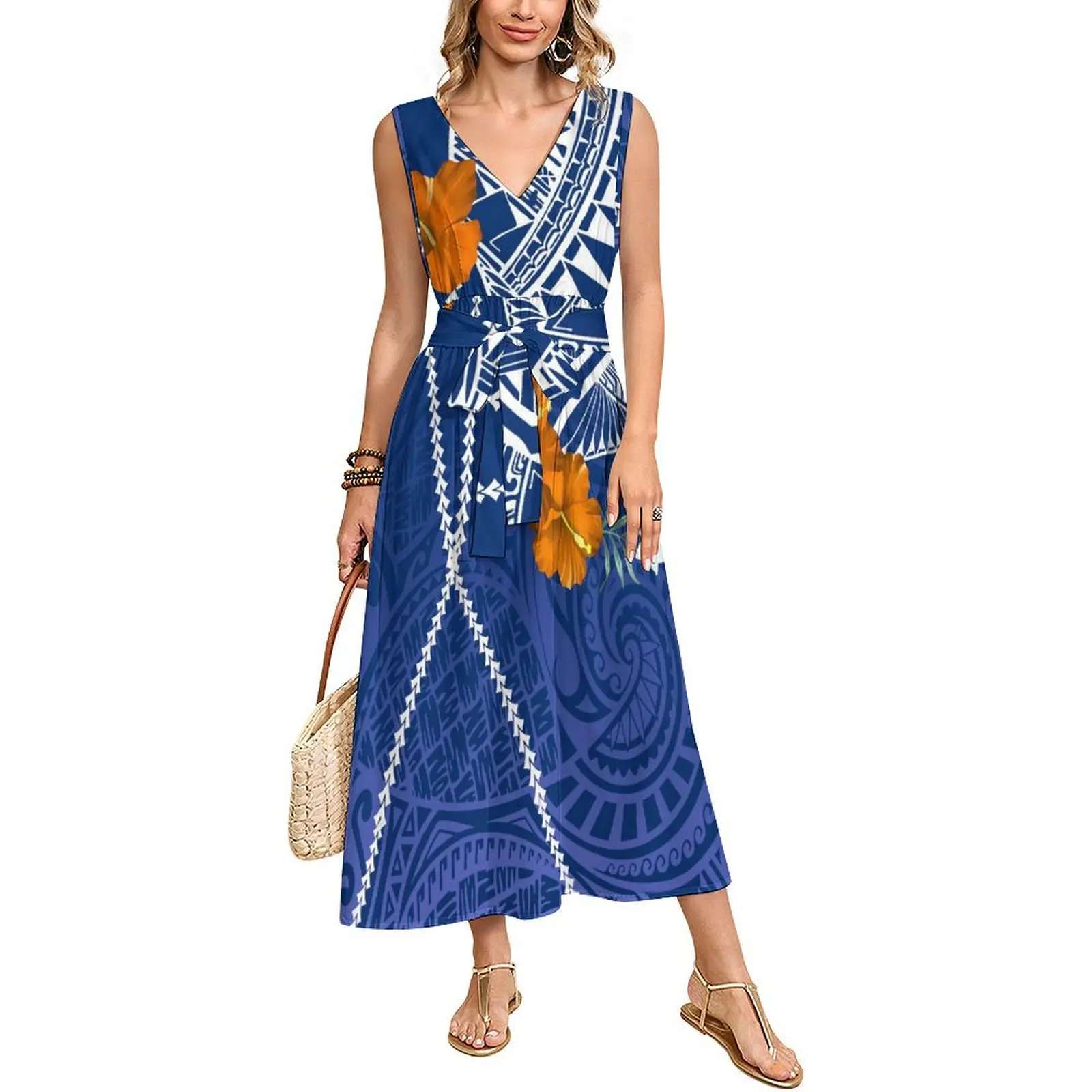 

Long Cinched-Waist V-Neck Sleeveless Women'S Dress Custom-Made In Polynesia Comfortable Elegant And High-Quality Dress