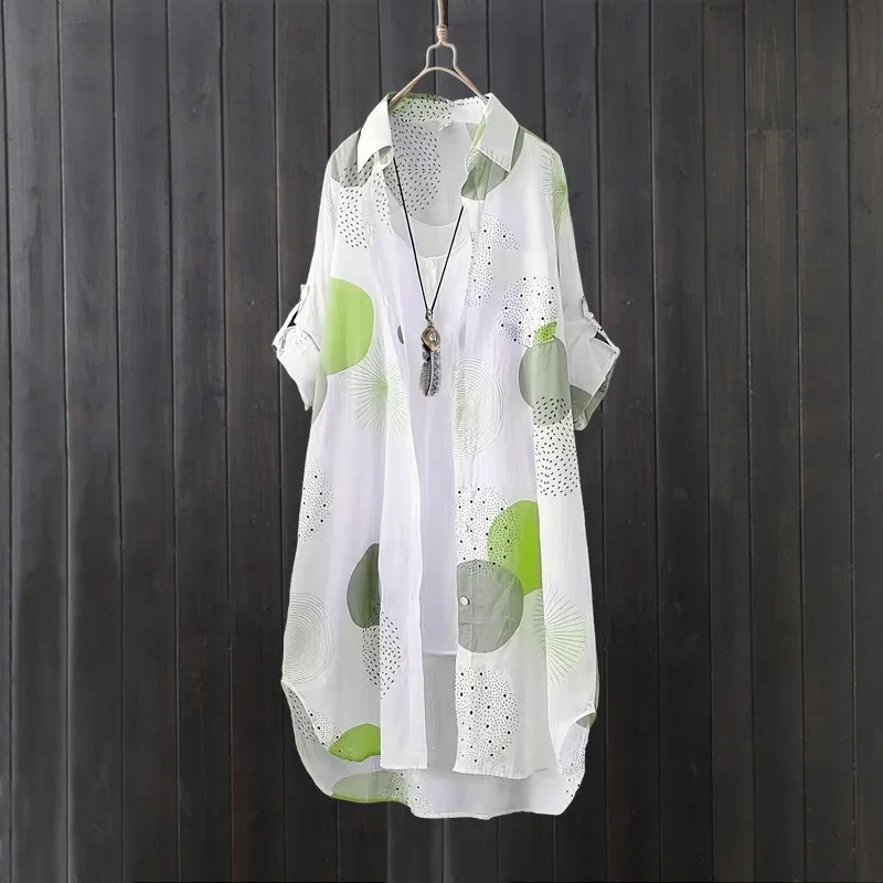 

Летняя женская одежда: свободная блузка с длинным рукавом и принтом в горошек, повседневная рубашка из полиэстера, удлиненный топ оверсайз