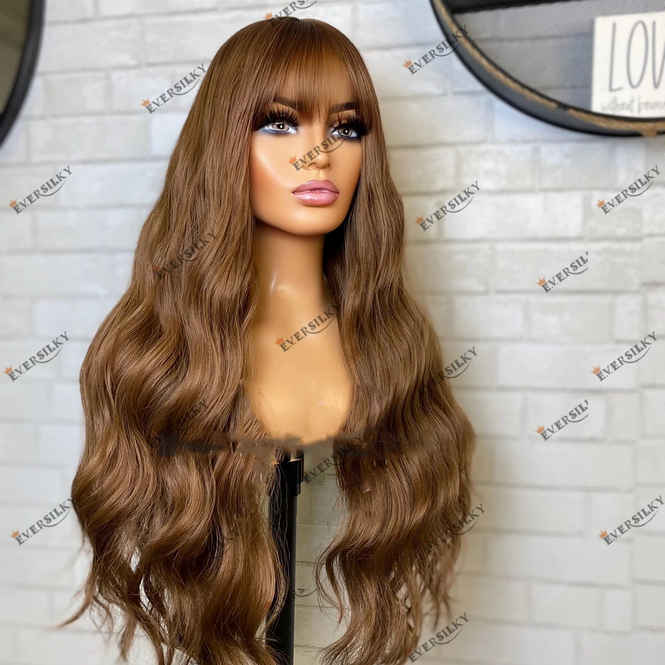 

Medium Golden Brown Body Wave Human Hair Lace Front Wig with Bangs 200Density Remy Peruvian Hair Full Lace Wigs Gluelss Lace Wig