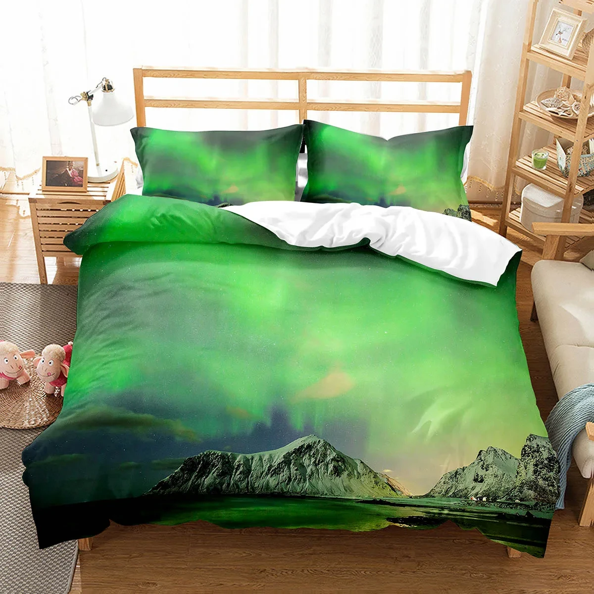 Green Aurora Duvet Cover Northern Lights Bedding Set Twin Queen King Size Night Starry Sky Comforter Cover Mountain Quilt Cover
