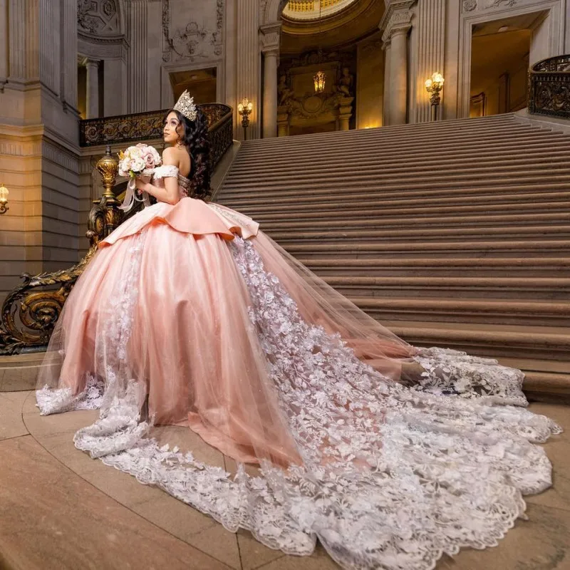 Doymeny-vestidos rosa princesa quinceanera para menina, vestido de baile, vestido doce 16, apliques de miçangas, renda, aniversário, 15ª festa, 2023