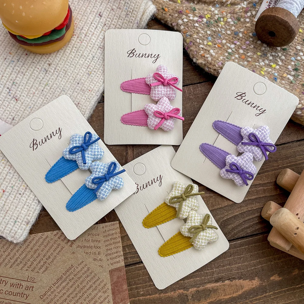 

2 Pcs Children's Hair Clips Pack Korean Pentagram Kawaii Sweet Versatile Bow Hair Pins High-quality Hair Accessories For Girl