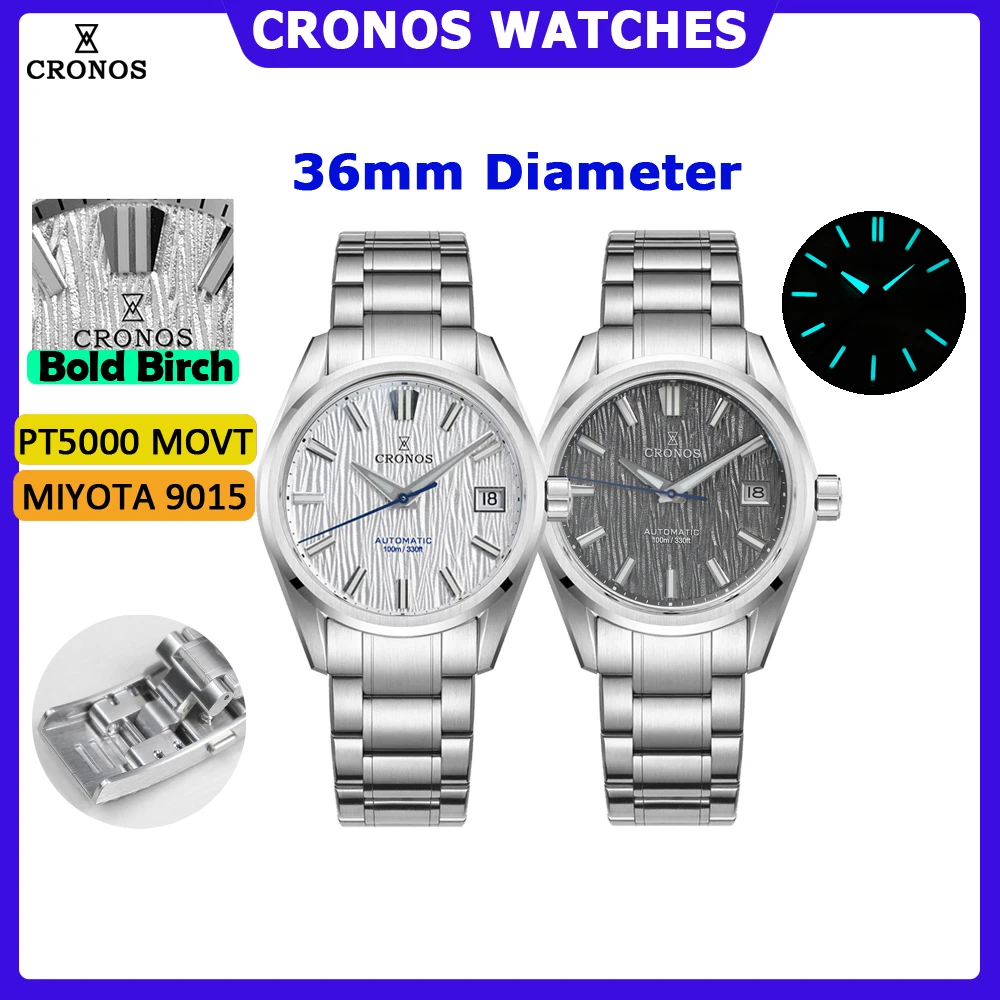 Cronos Herrenuhr 36 mm Automatik PT5000 Miyota 9015 Uhrwerk Armbanduhren Weißes Zifferblatt Birkenmuster Saphir 10 ATM L6048M