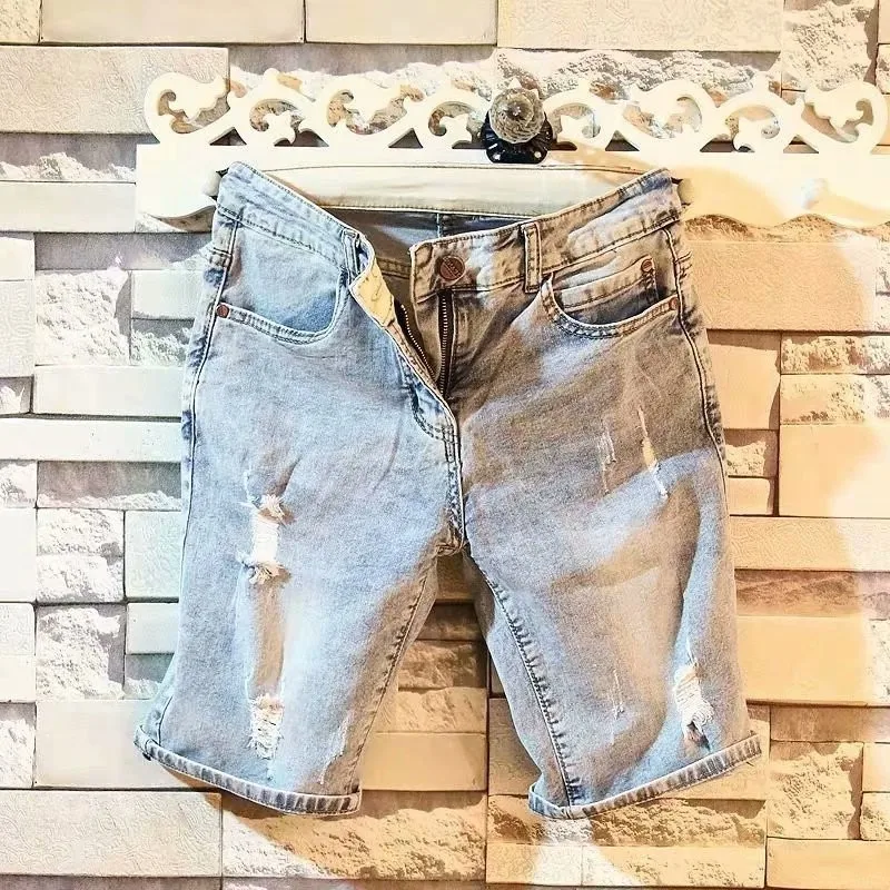 

Summer Thin Light Jeans Short Pants Men's Five-Point Pants Korean Version Slim Elastic Japanese Style Ripped Jeans Casual Shorts