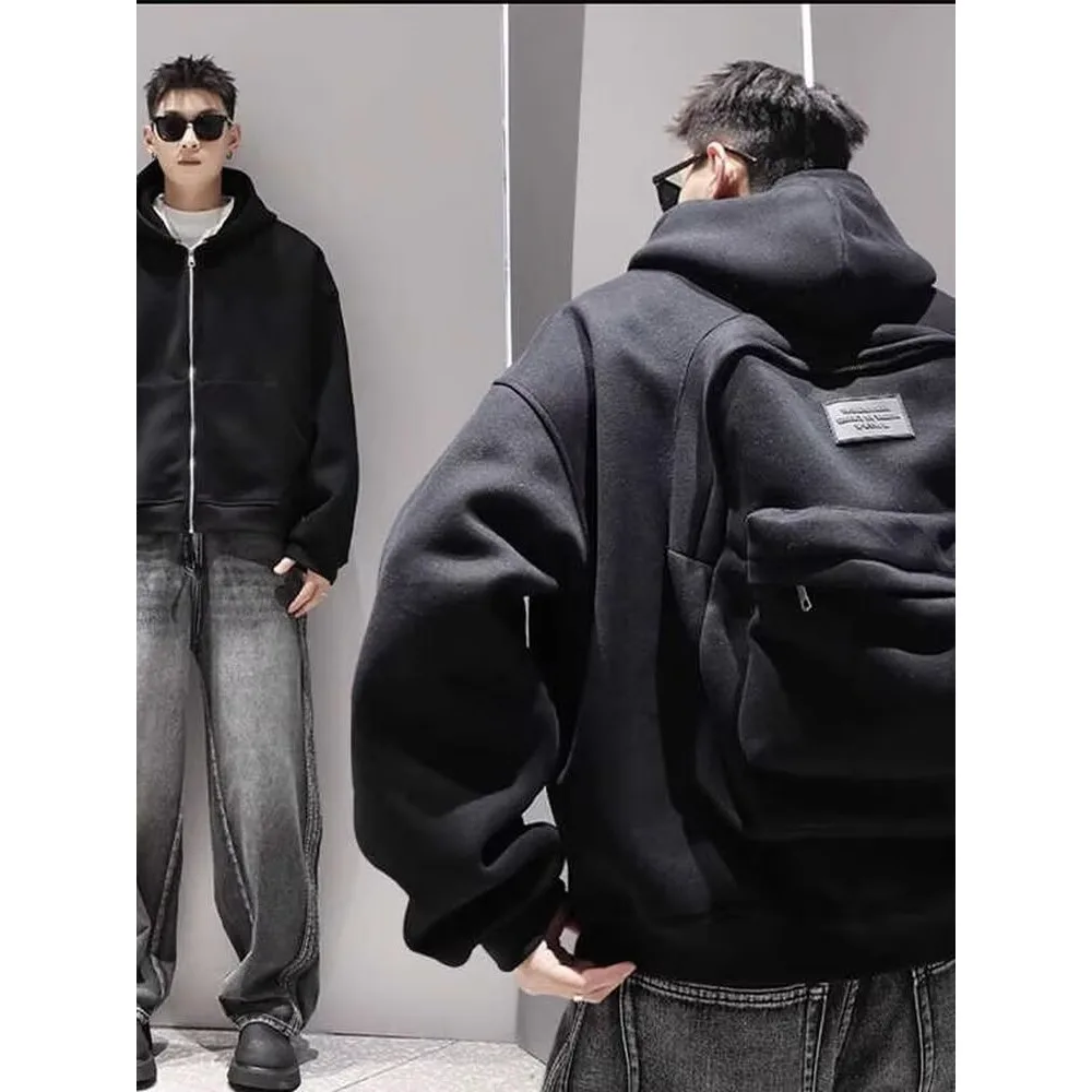 Zipped Hooded Open Cardigan Jacket Unisex Autumnal Polyester Fiber 3D Tailored Backpack Style Casual Youth Fashion Sweatshirt
