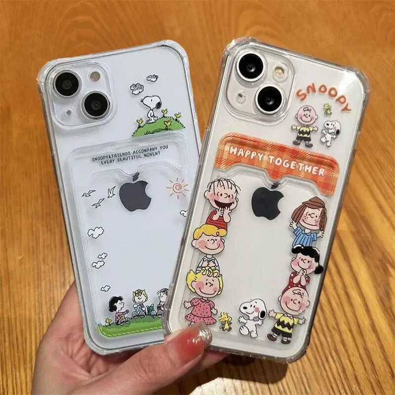 귀여운 스누피 애니메이션 만화 카드 슬롯 가방 홀더 케이스 삼성 갤럭시 S24 울트라 S22 S23 플러스 S21 울트라 S23 S20 FE 클리어 커버
