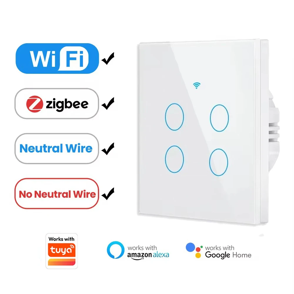 Kompatibel mit Tuya APP Wifi/Zigbee RF433 EU Smart Wandschalter Touch-Sensor-Taste Ohne Neutralleiter, Sprachsteuerung mit Alexa Google Home
