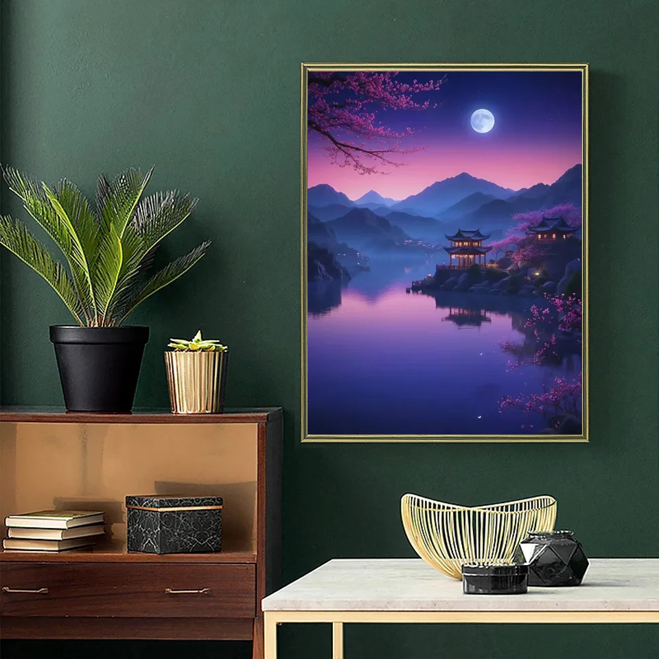 DIY Diamond Painting Art Purple Moon Cherry Blossoms Full Mosaic Diamond Embroidery Landscape Cross Stitch Set Home Decoration image 3