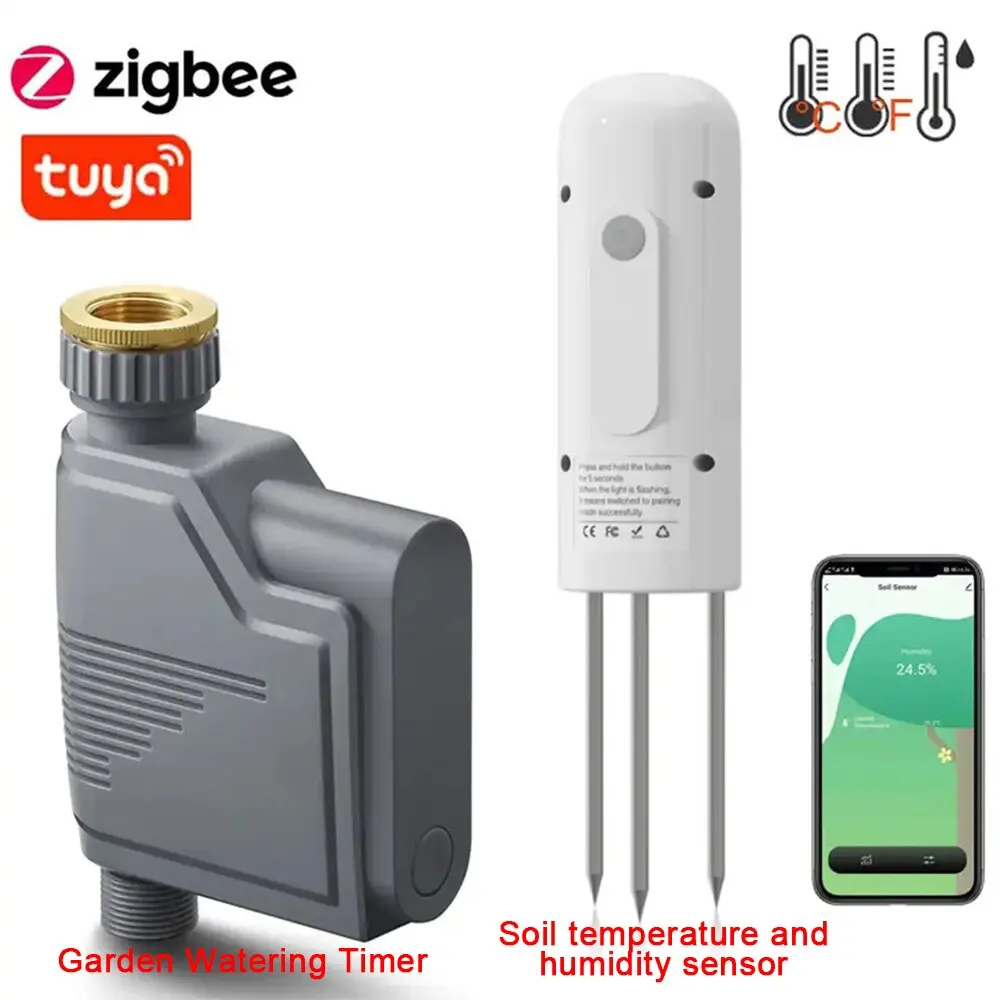 Tuya Zigbee Smart Water Valve Controller Sprinkler Drip Irrigation System and Tuya Zigbee Soil Moisture and Temperature Sensor