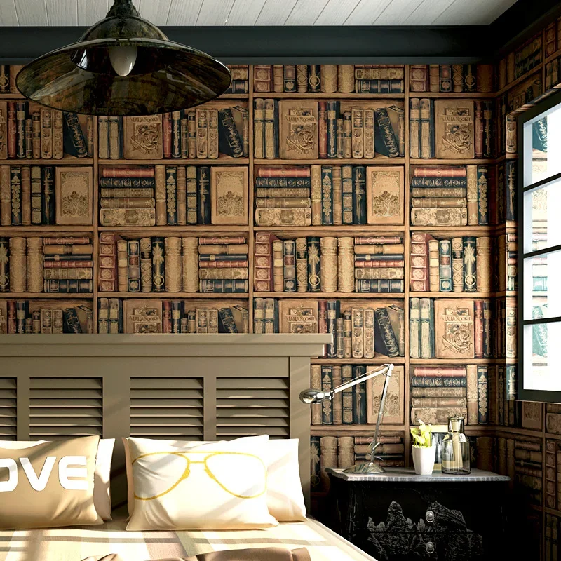 Simulation bookshelf wallpaper live background wallpaper 3d stereoscopic American country retro nostalgic study TV European.