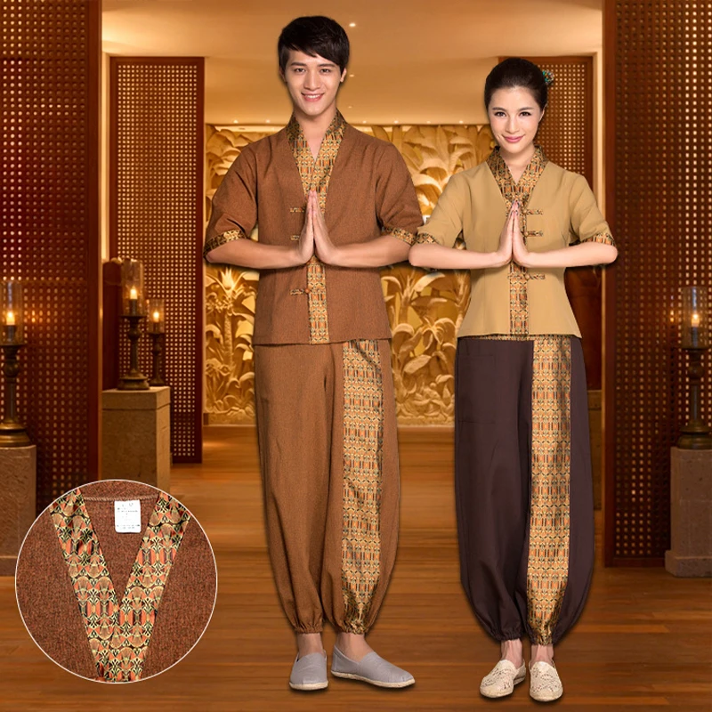 

Women Man Spa Uniform Thai Style Massage Workwear Cotton Linen Beauty Salon Therapist Clothes Set Waitress Restaurant Wear