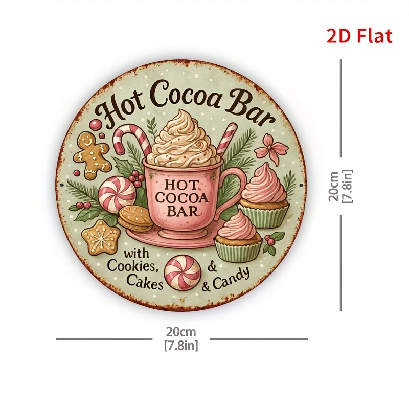 2D Flat, 8x8 Inch Vintage Metal Hot Cocoa Bar Sign - Rustic Christmas Wall Art with Hot Cocoa Cup, Marshmallows, & Candy Canes -