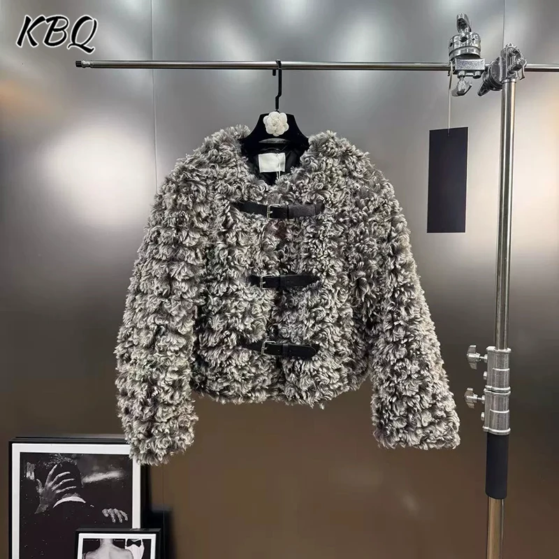 

KBQ Solid Spliced Leather Buckle Decoration Loose Jackets for Women V Neck Long Sleeve Simulated Lamb Wool Jacket Female Winter