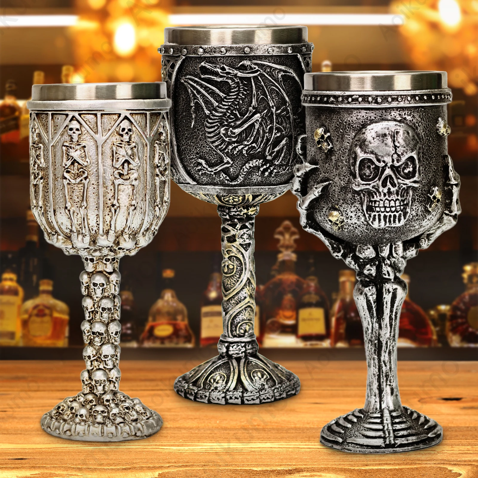 Silver Skull Bone Dragon Stainless Steel Insert Dragonblood Goblet Gothic Retro Fantasy Trink Kelch Wine Glass Chalice