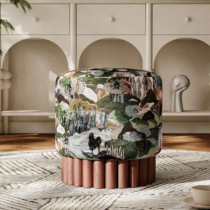 Fabric solid wood shoe changing stool round stool household general