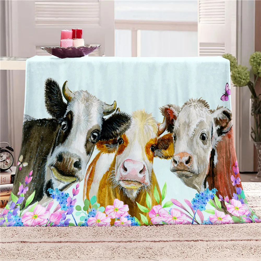 Country Style Cow Sherpa Fleece Throw Blanket for Sofa Christmas Decoration Bedspread Portable Microfiber Flannel Blanket