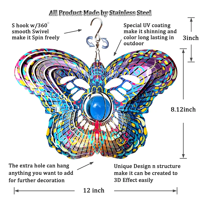 Psathenati Mandala Windspinner Met Kristallen Bol-Vlinder 3 Droestvrij Staal Opknoping Cadeau Kerstdecoratie Tuin Tuin 12in