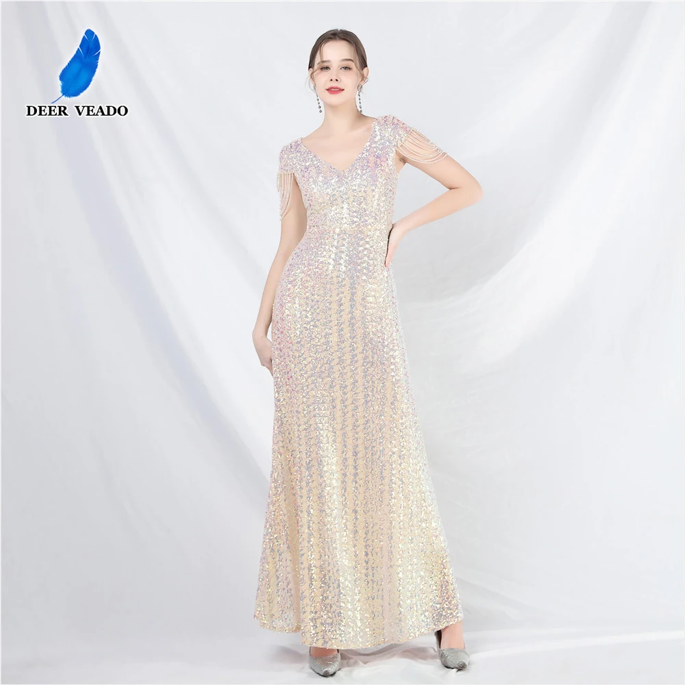 

DEERVEADO Elegant A Line V Neck Sequins Evening Dress for Woman Luxury Beading Formal Occasion Dress Special Party Dresses