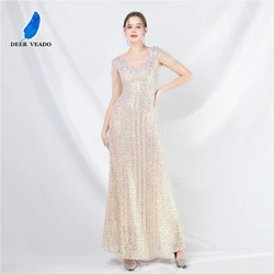 DEERVEADO Elegant A Line V Neck Sequins Evening Dress for Woman Luxury Beading Formal Occasion Dress Special Party Dresses