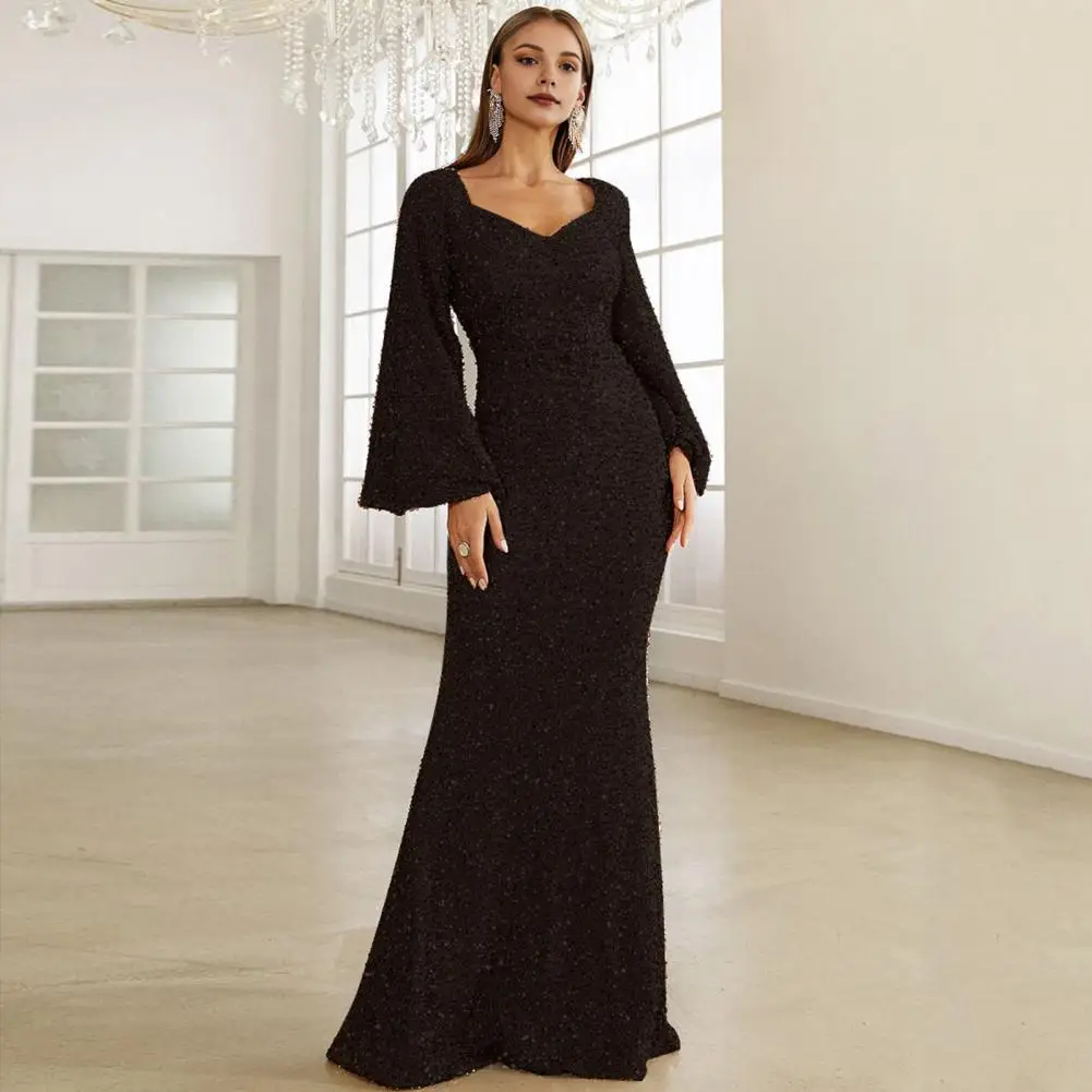 Women Evening Dress Bell Sleeves Sequin A-line Slim Fit Low-cut V Neck Maxi Dress Mid Waist Back Zipper Closure Prom Dress