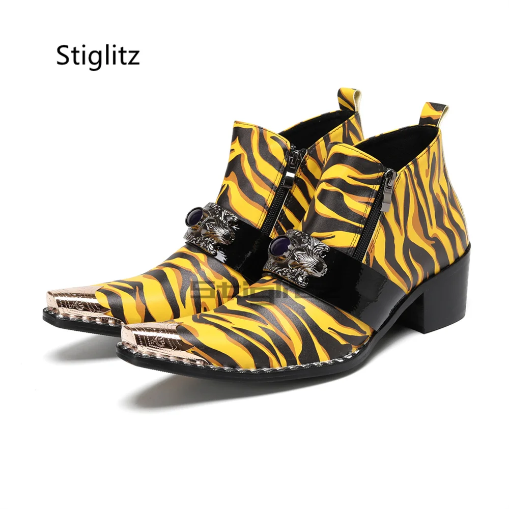 Pearl Strap Graffiti Prints Men's Boots High Heels Genuine Leather Ankle Chelsea Boots Metal Toe Side Zip Business Party Shoes