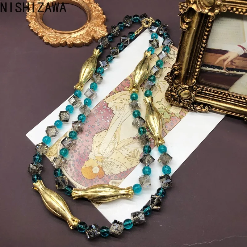 

NISHIZAWA Azure Stoned Beaded Necklaces for Women Winter Sweater Chain Vintage Jewelry Palace Style Luxury Collares Para Mujer