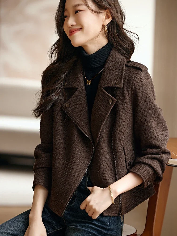 2024 Spring Women\'s Jacket Fashion Korean Slim Short Coat Pockets Turn-down Collar Zipper Solid Brown Jackets for Women