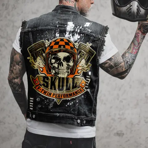 Men's Motorcycle Biker Vest Helmet Skull Print Distressed Hole Punk Sleevless Denim Jacket Punk Rock Black Streetwear Waistcoat