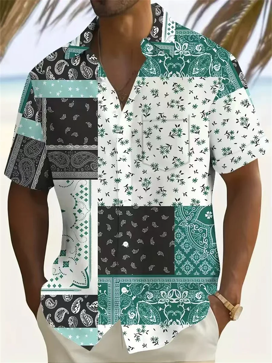 Летняя мужская рубашка с короткими рукавами и цветочным принтом в стиле ретро, модная свободная универсальная пляжная рубашка с цветочным принтом, верхняя рубашка с полным принтом
