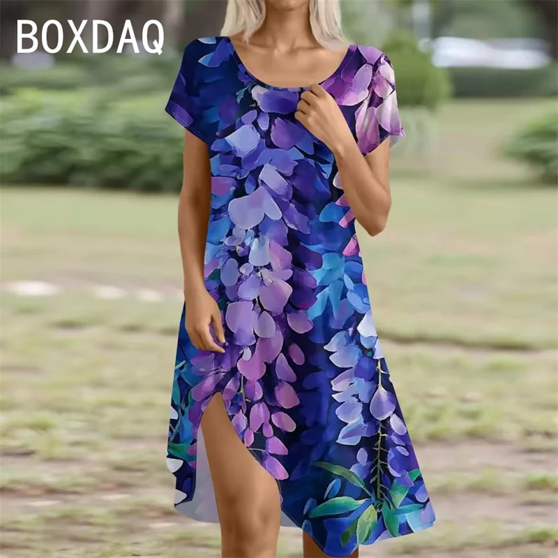 Damen-Sommerkleid, elegantes Retro-Blumenkleid, Sommer, kurzärmelig, Rundhalsausschnitt, lässig, Strand-Partykleid, 2025, Trend, Damen-A-Linien-Kleid