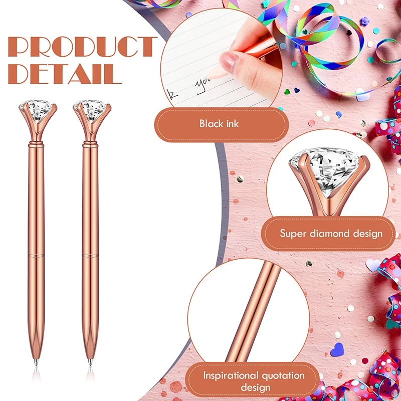 80Pcs Rose Gold Big Diamond Pens Black Ink Writing Pens for Coworkers Jewel Pen Diamond Ballpoint Pen