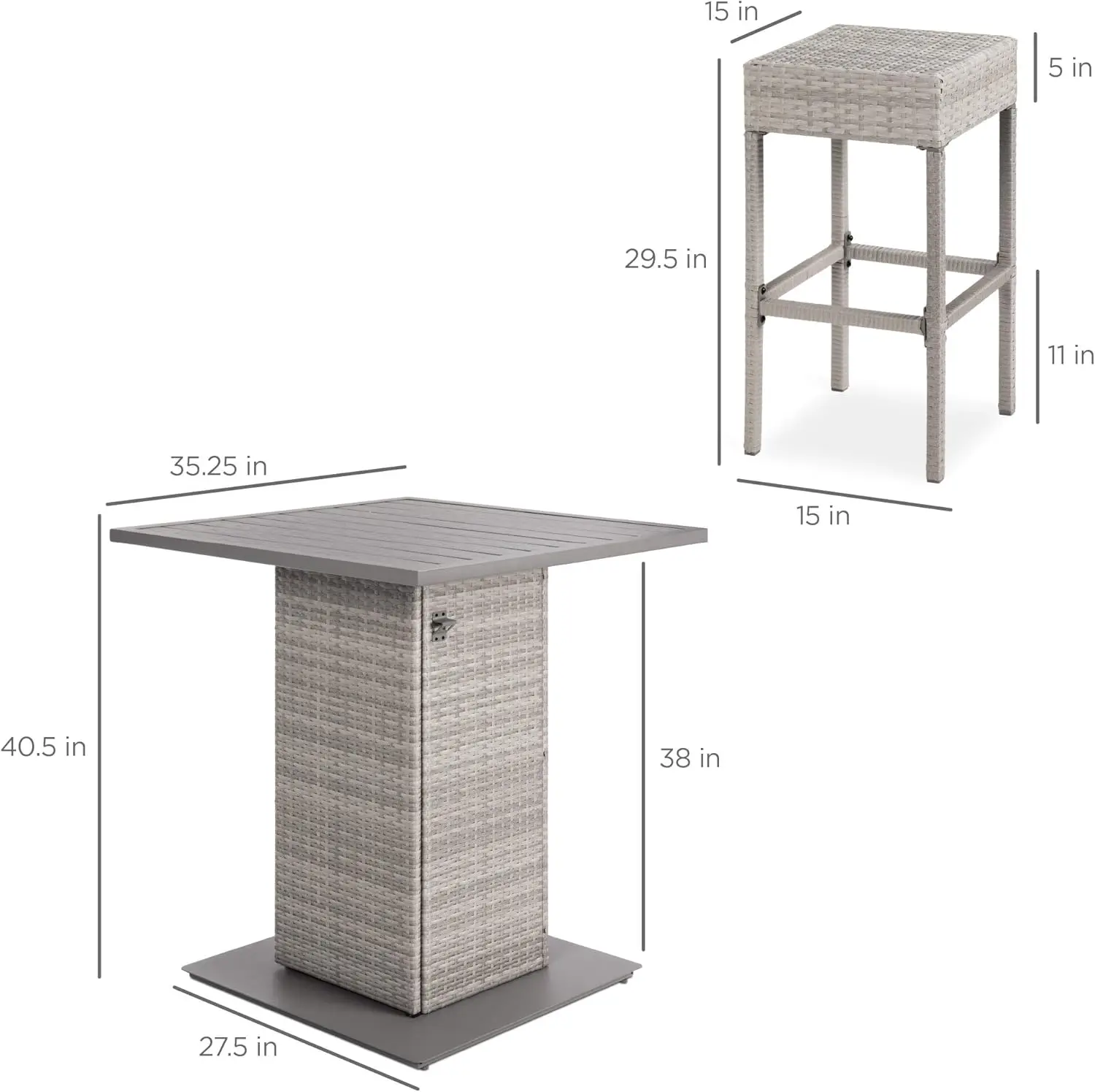 Set tavolo da Bar in vimini da esterno da 5 pezzi cortile con apribottiglie da incasso, ripiano nascosto, tavolo in metallo, 4 sgabelli