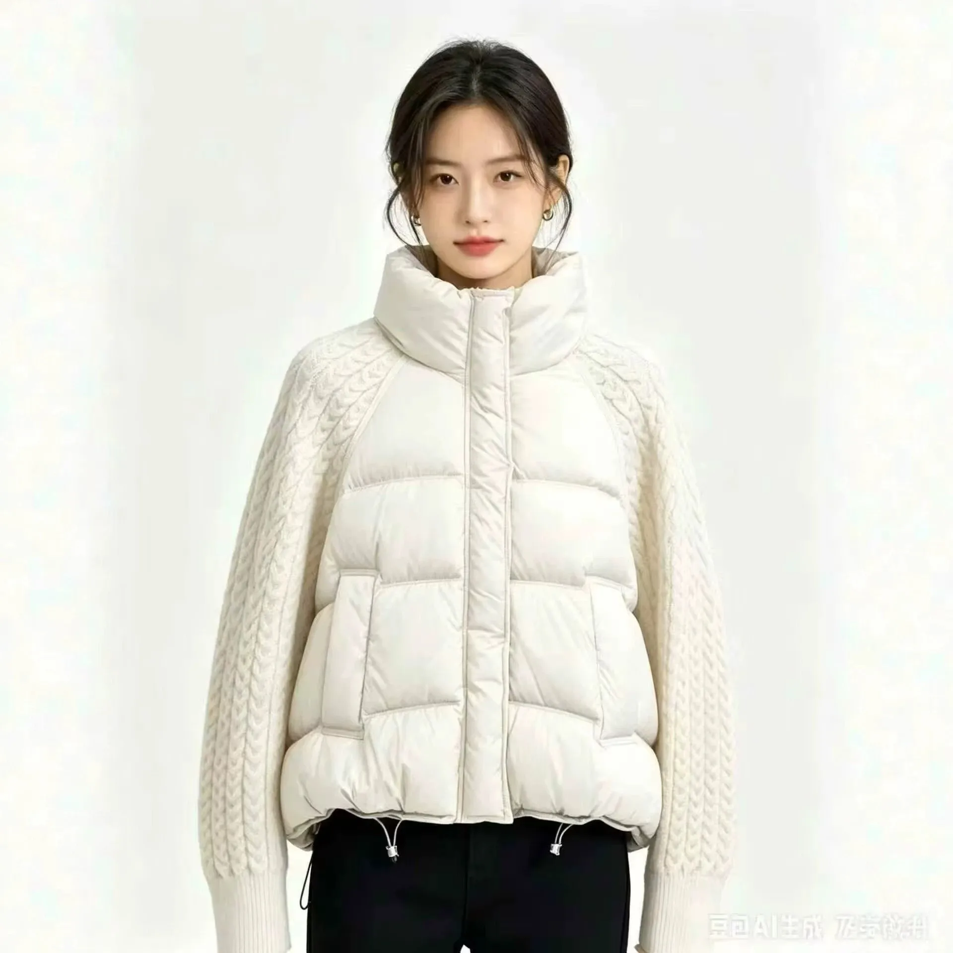 2026 New Short Thicken Warm Cotton Padded Jacket With Stand Collar Featuring Cable-Knit Sleeves Cotton Coat Women Winter Parkas