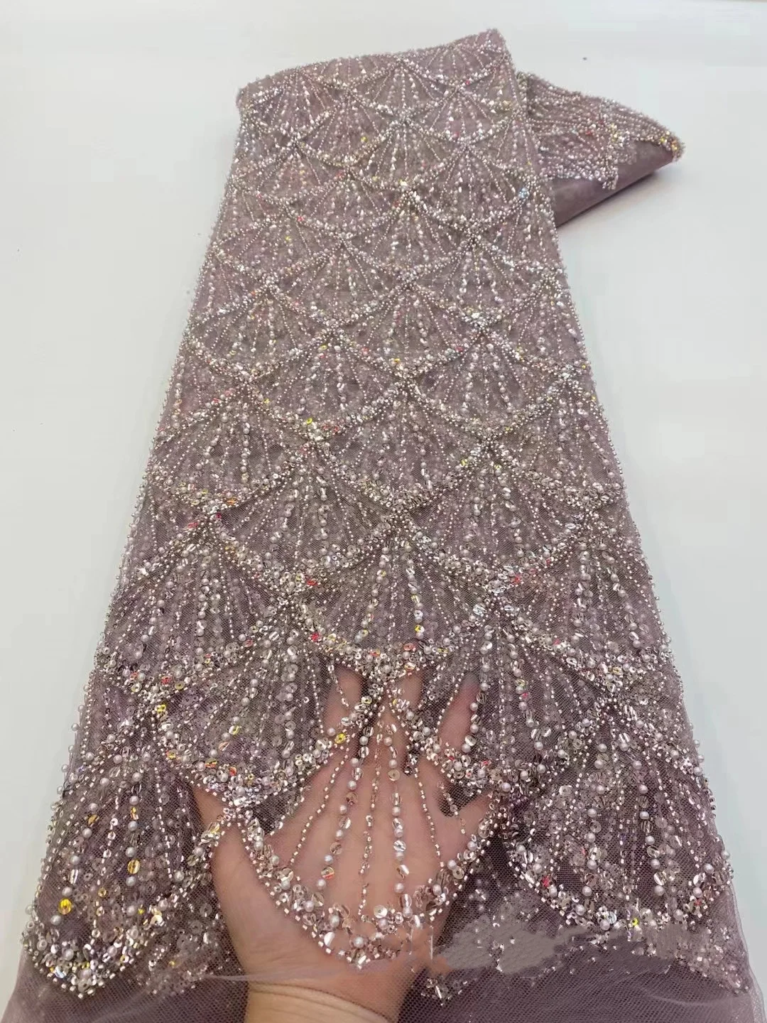 Custom Made Evening Party Gown Mesh Dress Sequin Tube Fabric Beaded Sector Embroidered Diamond Material Accessories