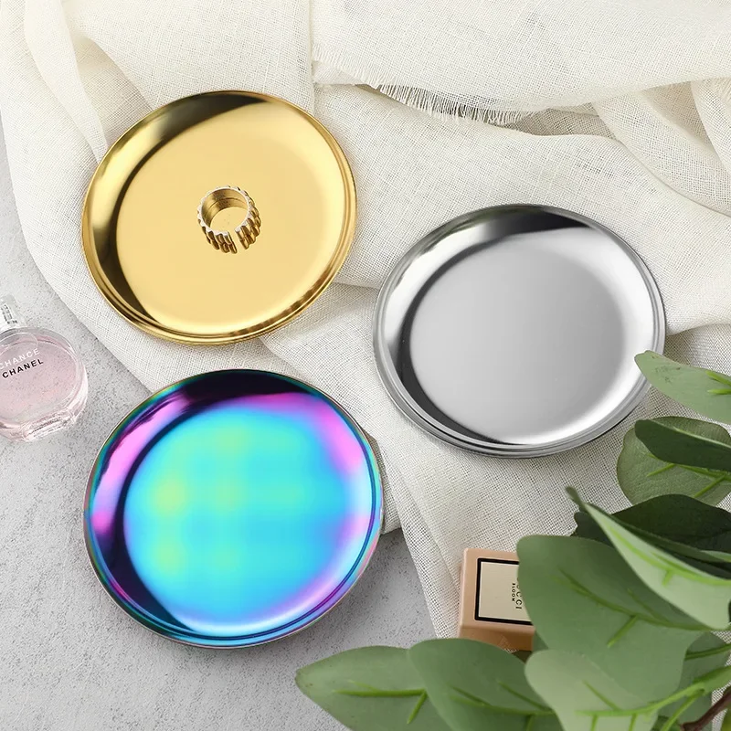 Metal Decorative Trays 10cm Round Stainless Steel Plates Home Decoration Candle Holder Dish Jewelry Display Trays Desk Organizer