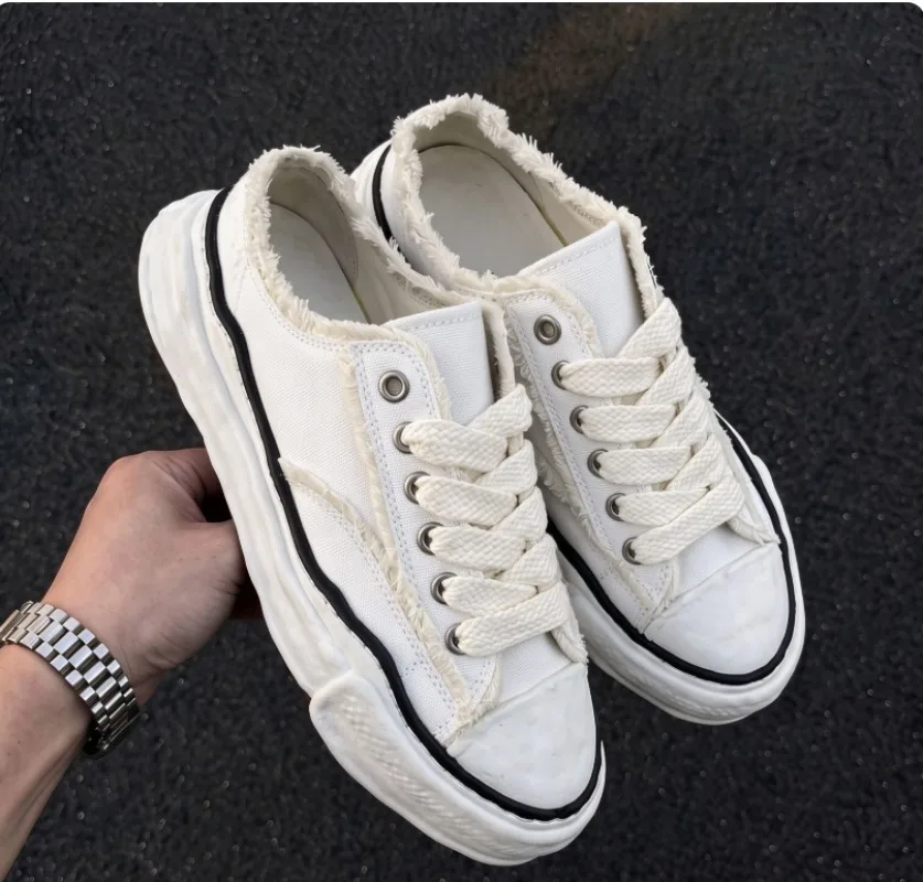 Dissolved Canvas Slip-On Shoes Frayed Edge Thick Platform Sole Height Increasing Couple Vintage Distressed Summer New