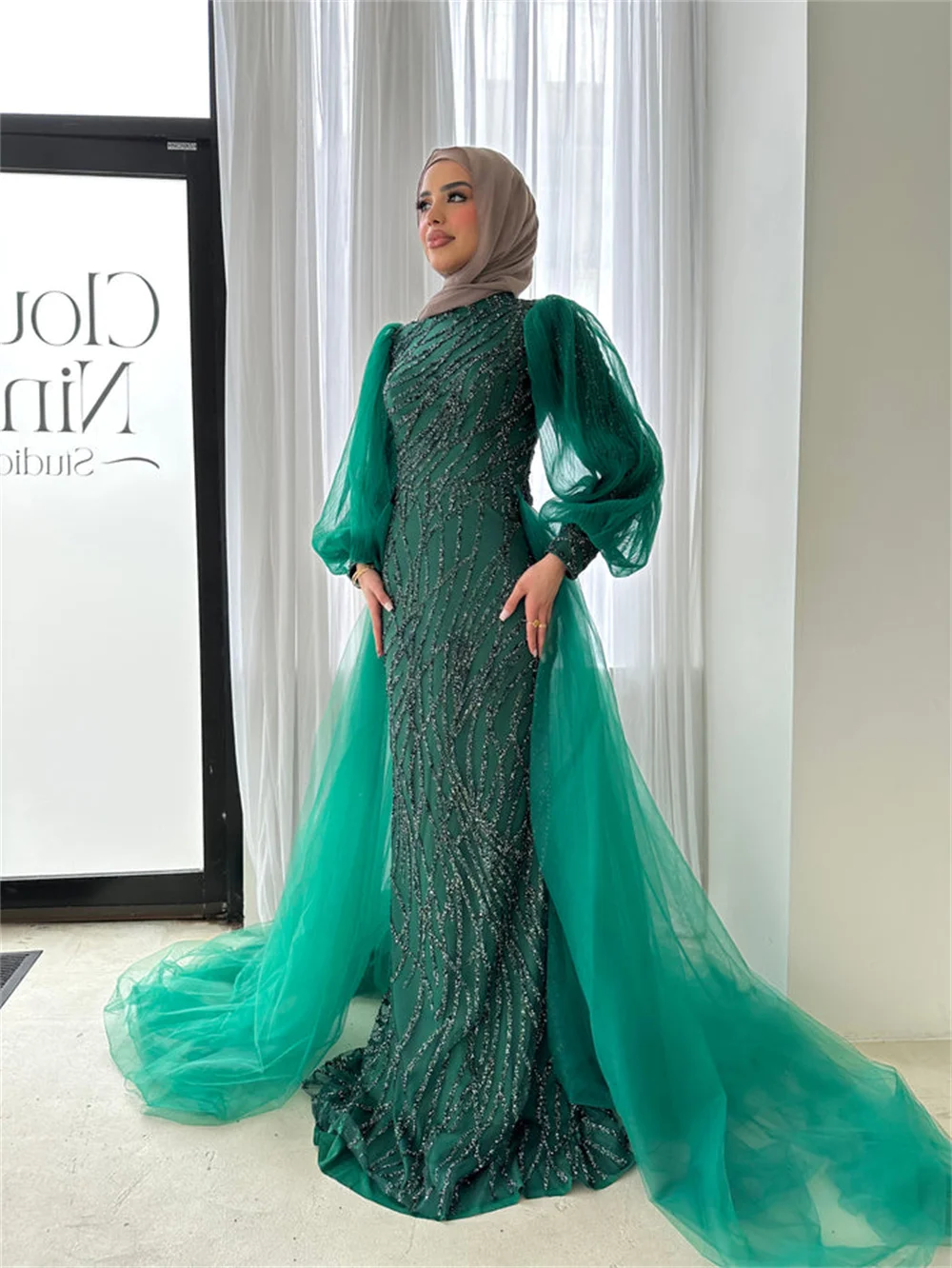 Sansa Luxury Puffy Sleeve فساتين سهره فاخره 2023 Gliiter Sequins Mermaid فساتين السهرة Luxury Handmade Prom Dresses With Tail