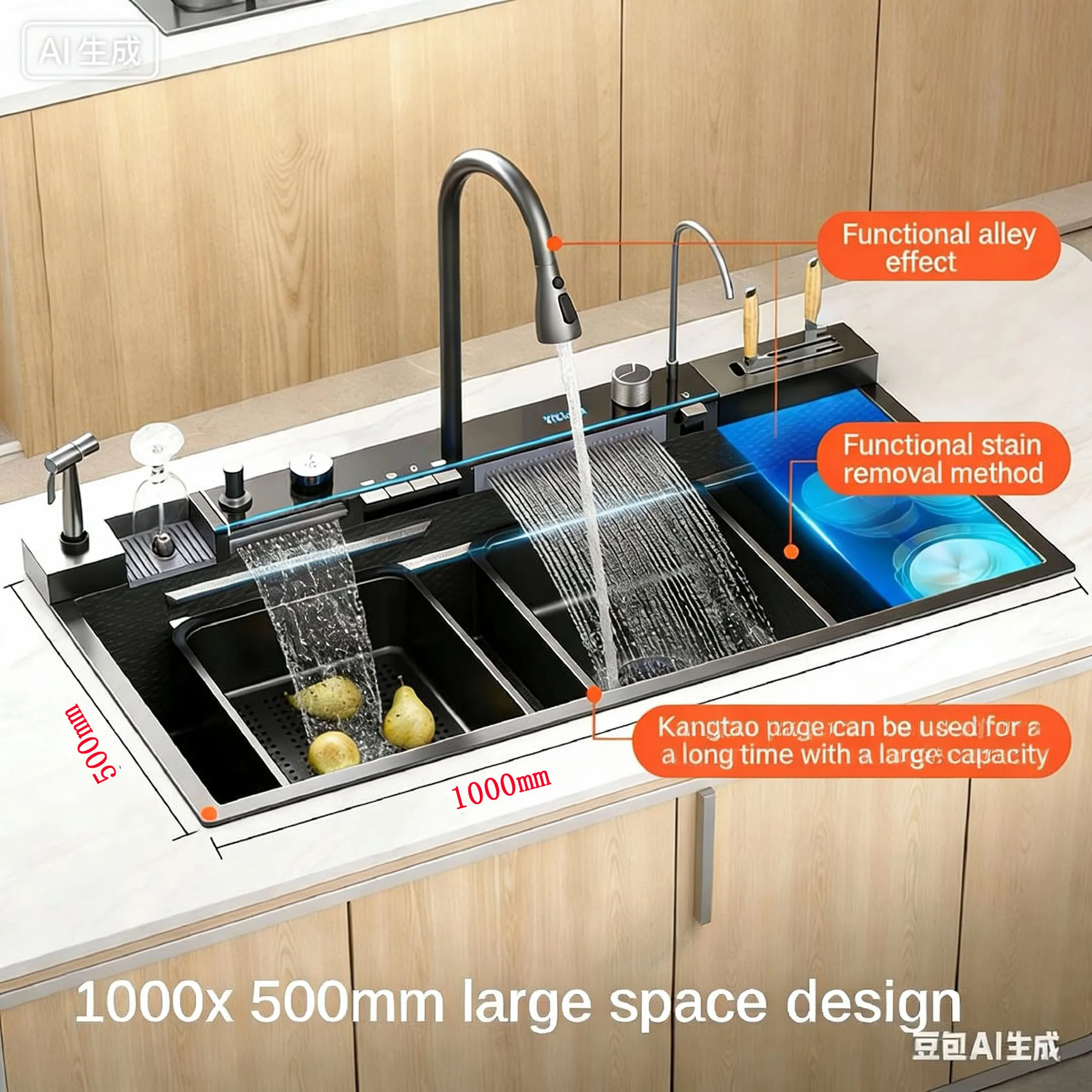 

durability 4.0MM Thick Nano 304 Stainless Steel Digital Display Waterfall Sink Set Multifunctional Integrated faucet Whale Sink