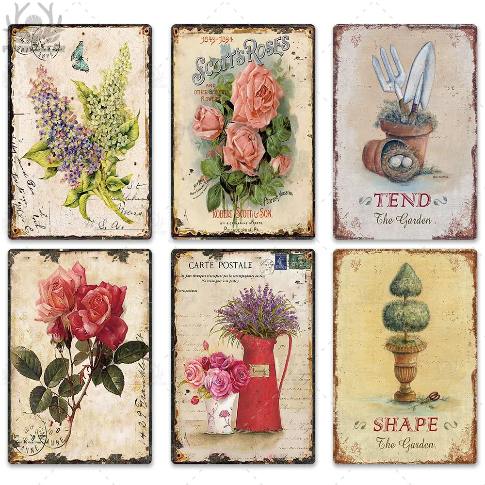 Flower Vintage Tin Sign Home Decor Retro Metal Sign Shabby Chic Wall Decor for Kitchen Living Room Dining Room Metal Plate