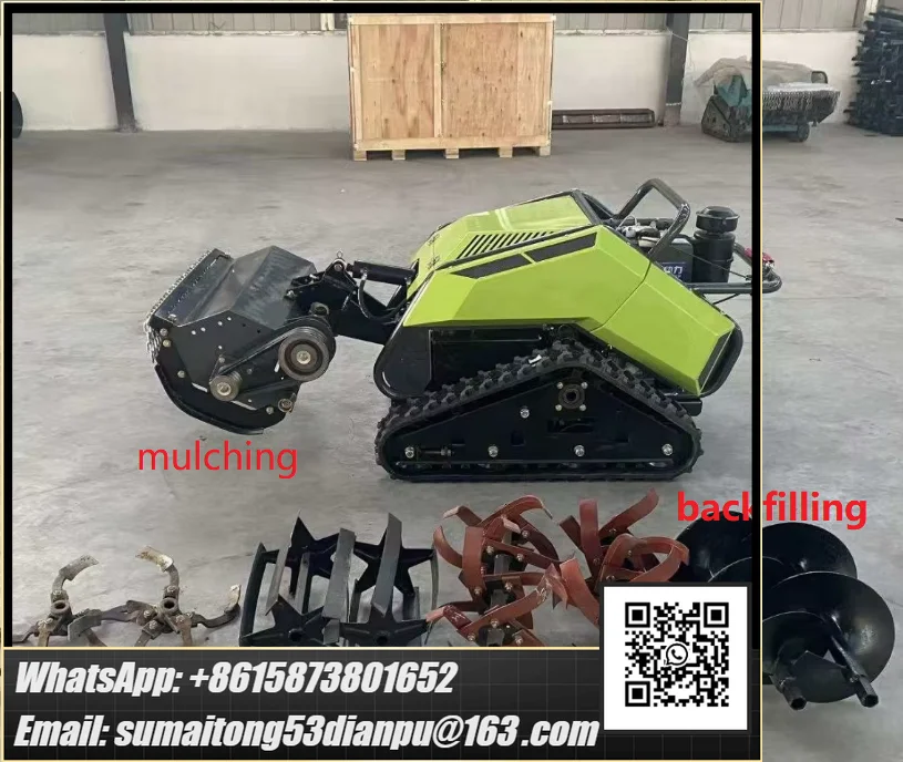 Multi-functional Hydraulic Lift Remote-controlled Mower + Rotary Tiller with Vertical Blades, All-terrain Tracked Mulcher