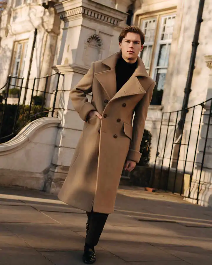 Winter Wool Blend Overcoat For Men Casual Windbreak Brown Coat Knee Length