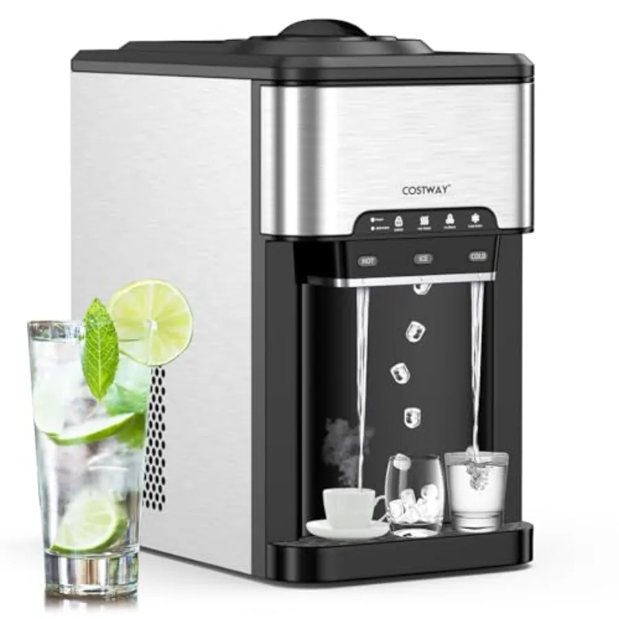 

Countertop Water Dispenser with Ice Maker Holds 3-5 Gallon Bottle 3-in-1 Hot Cold Water Cooler for Home Office White Safety Loc