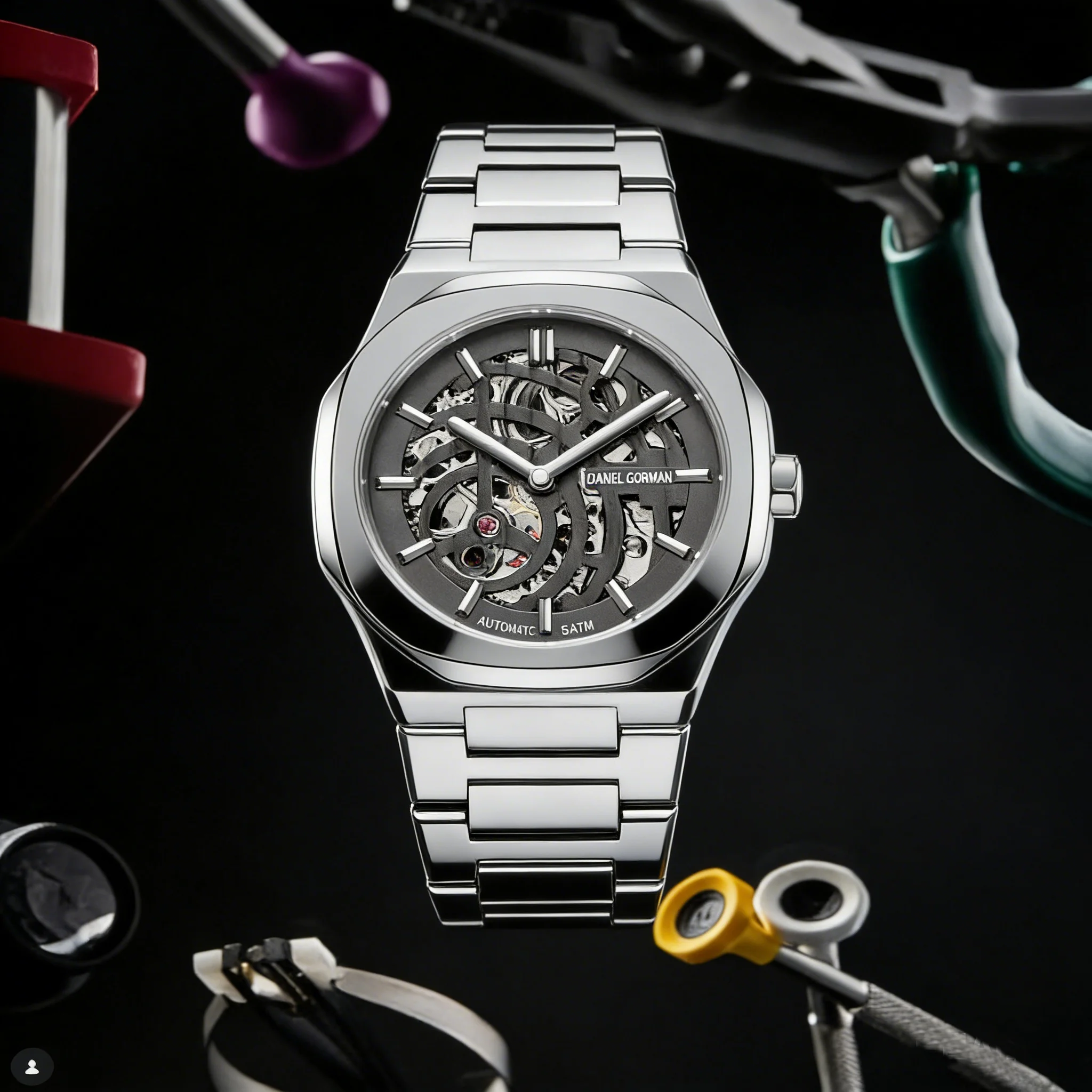 

41.5mm Automatic Mechanical Skeleton Watch Silver Stainless Steel Men Luxury Wrist Watch No Gem Sapphire Glass Luxury Timepiece