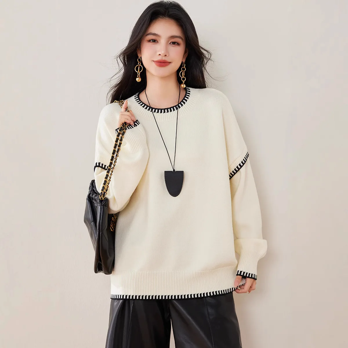 

Women Pullovers Sweaters Knitted Spliced Jumpers Color Blocked O Neck Long Sleeves Loose Casual Office Lady 2025 Autumn Winter