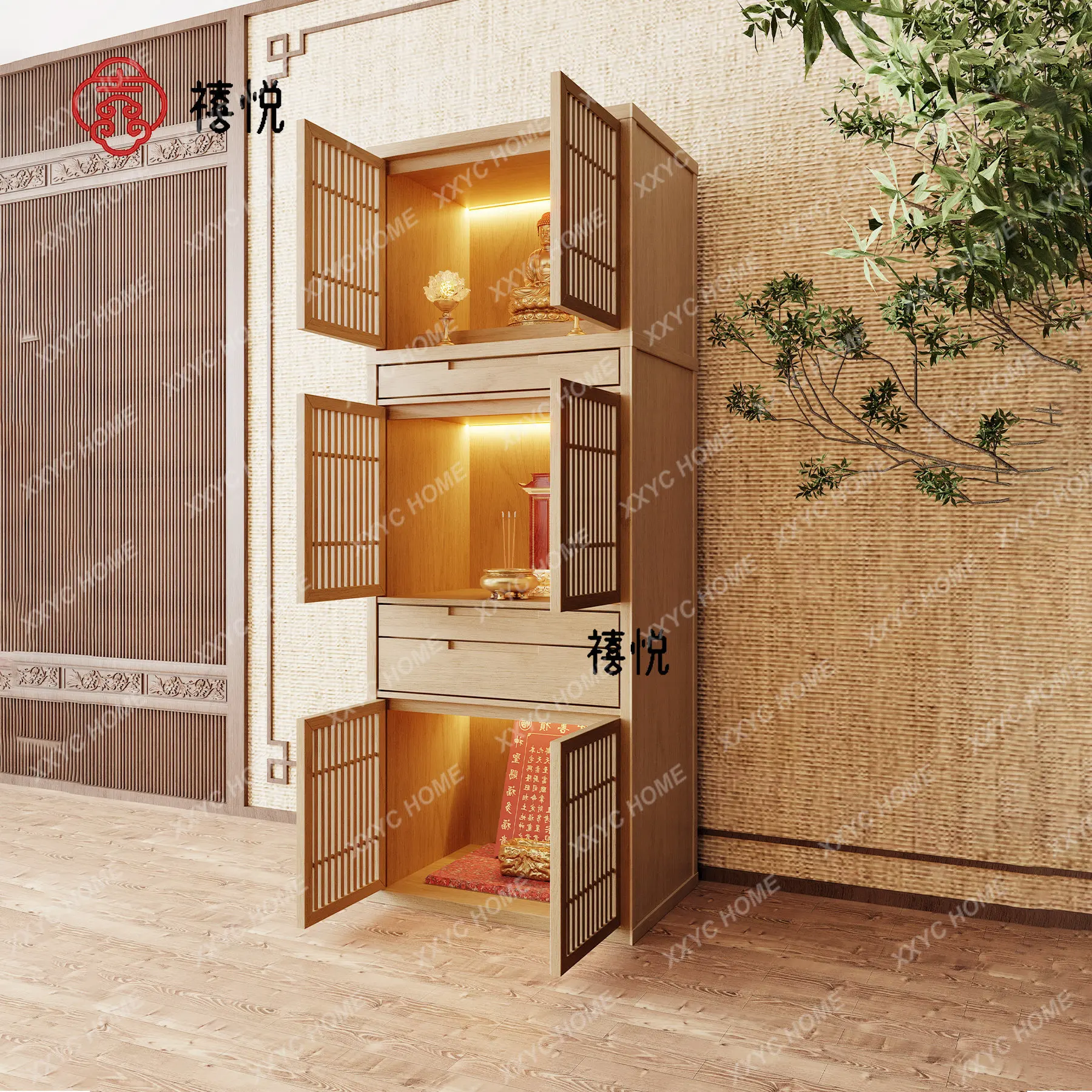 God of Wealth Cabinet Shrine Three-layer Offering Table Household Shrine Cabinet Guanyin Buddha Statue Offering Table