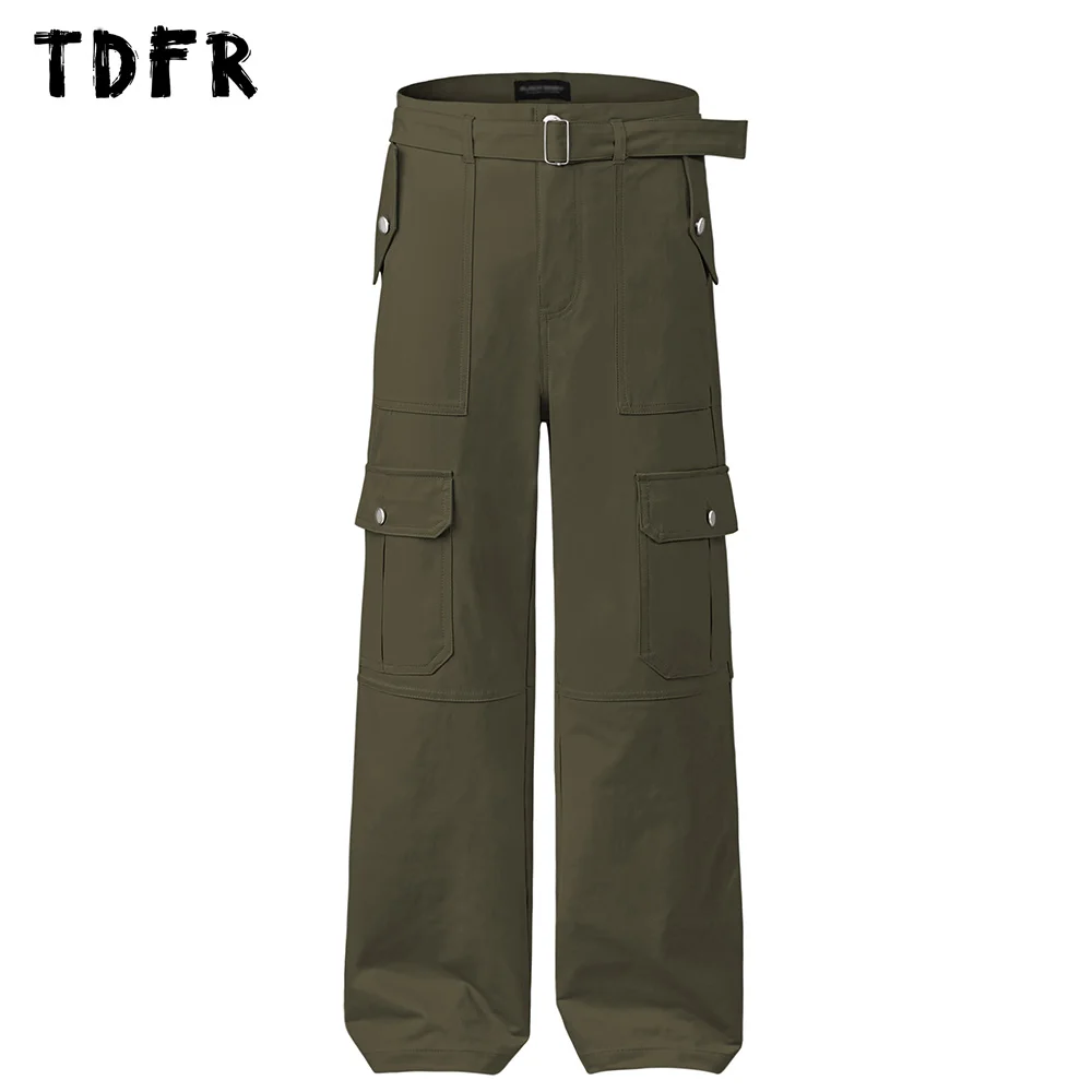 

Multi-Pocket Cargo Pants Mens with Belt Solid Color Spliced Safari Style Loose Straight Wide Leg Trousers Men